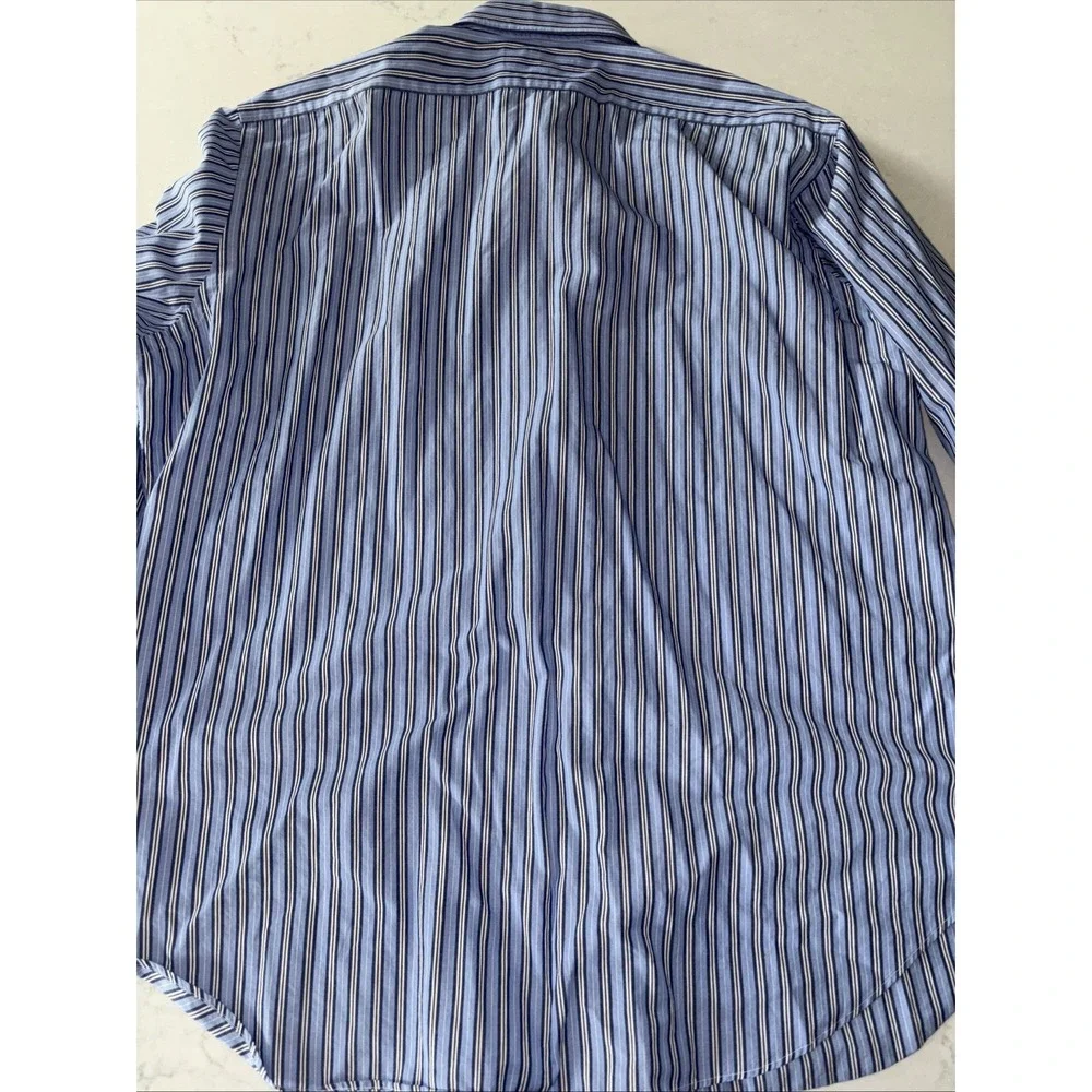 Polo Ralph Lauren Dress Shirt Men 17.5 34/35 Large Andrew Fit Blue Cotton Stripe